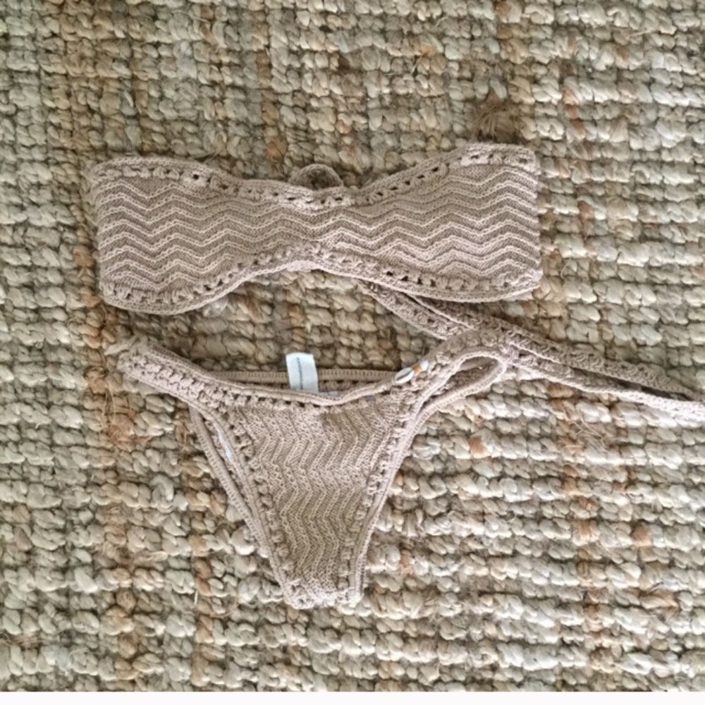 She made me beige taupe crochet bikini bandeau top
